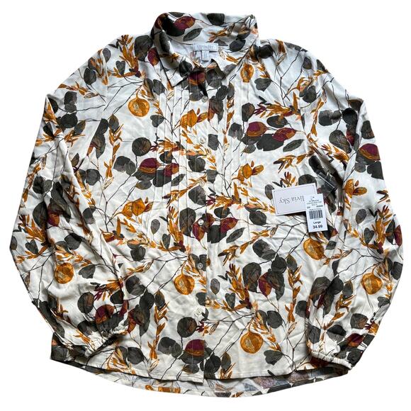 Olivia Sky Tops - NWT Olivia Sky Winter Leaves Button Down Blouse Top Pintuck Size Large Rayon
